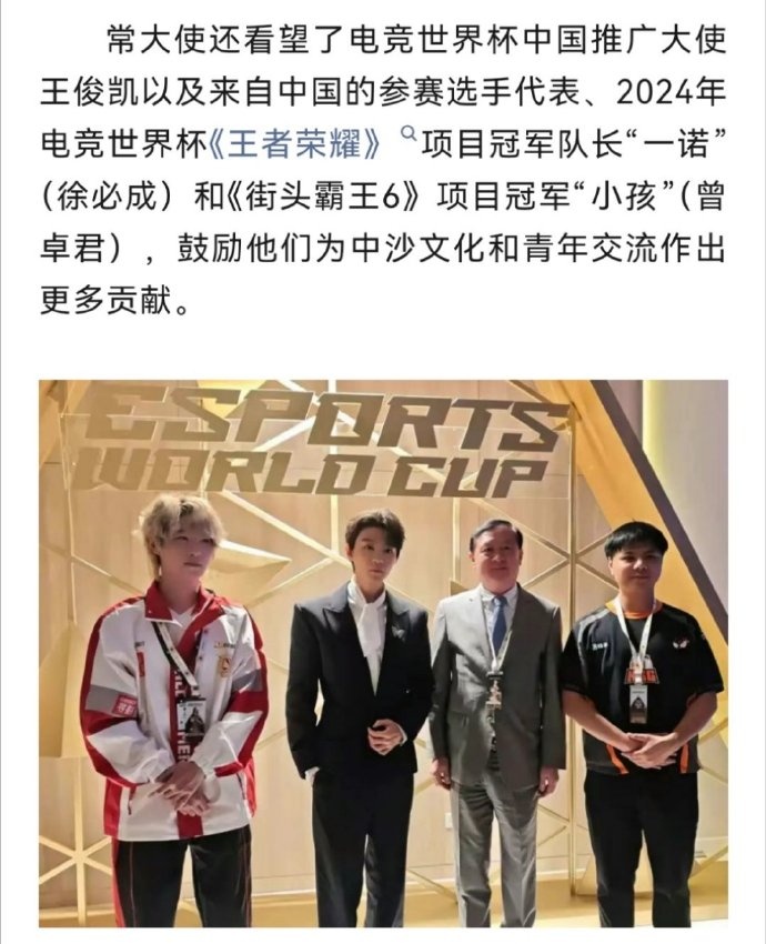 一诺出席电竞世界杯开幕式：与推广大使王俊凯街霸选手小孩合影