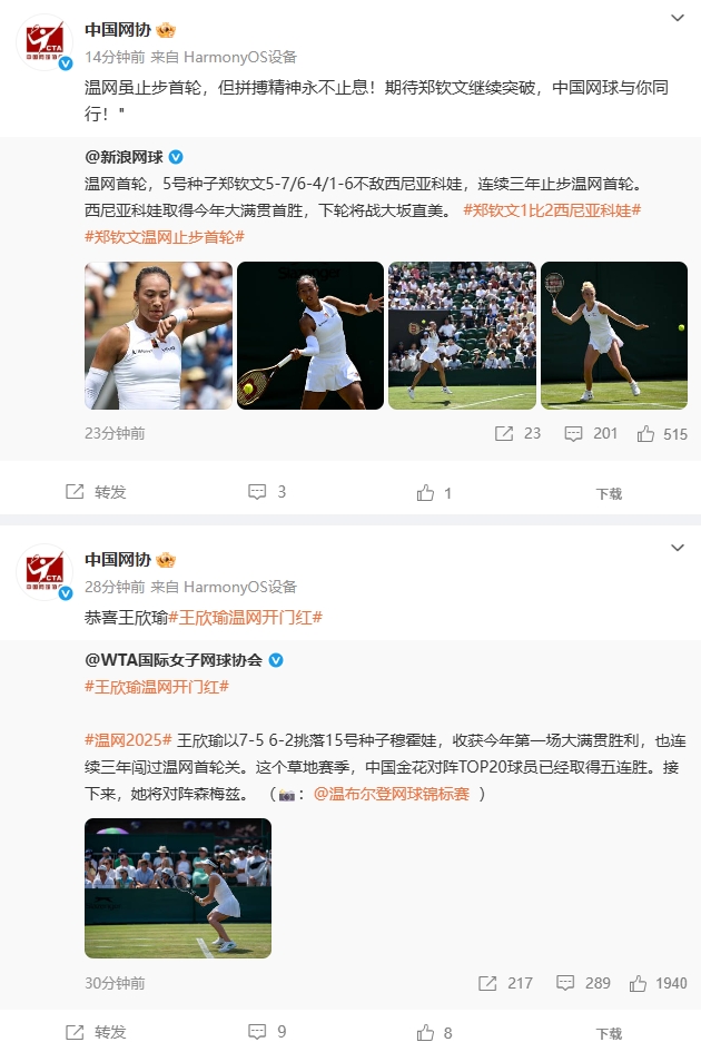 中国网协：恭喜王欣瑜拼搏精神永不止息！期待郑钦文继续突破