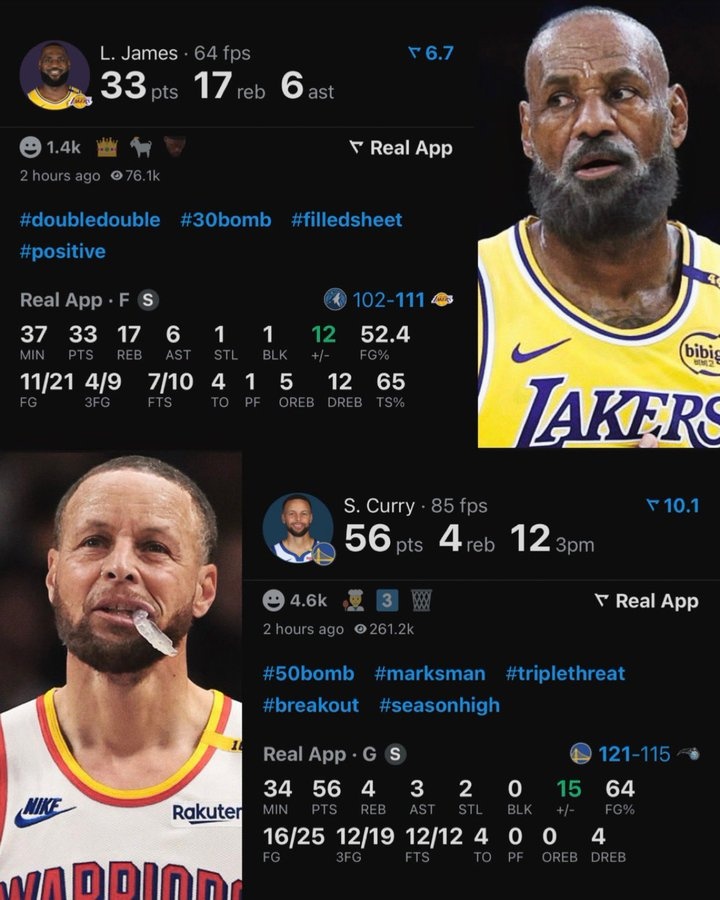 一个56分12记三分一个33+17+6！美媒晒詹库老年P图：今夕是何年