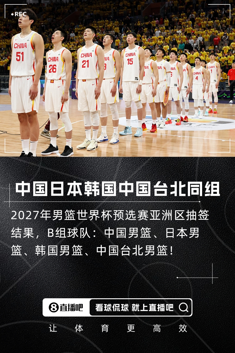 2027年男篮世界杯预选赛抽签：中国&日本&韩国&中国台北同组