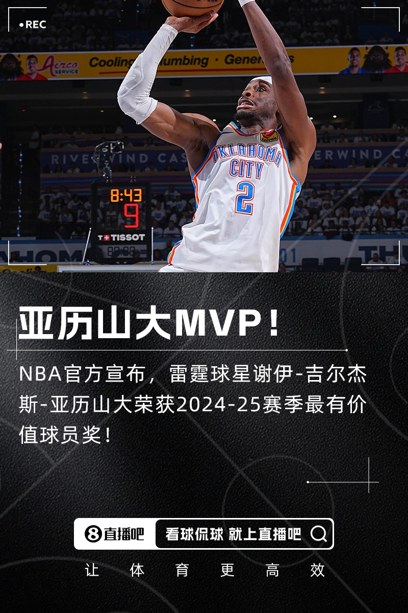 官方：雷霆球星亚历山大荣获本赛季MVP！