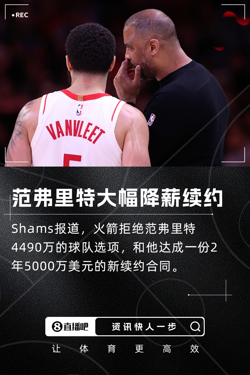 超级大降薪Shams：范弗里特计划2年5000万美元续约火箭！