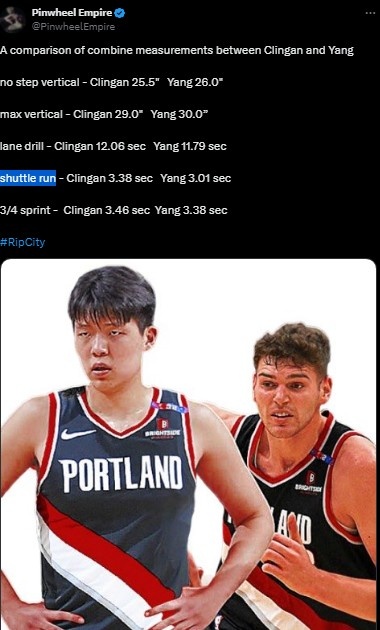 拓媒晒克林根与杨瀚森的联合试训体测数据对比杨全面占优