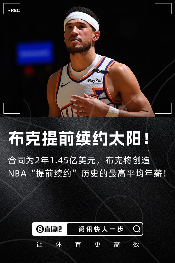 Shams：布克2年1.45亿美元提前续约太