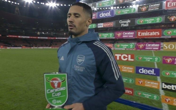 后防核心，萨利巴当选阿森纳vs水晶宫全场最佳球员