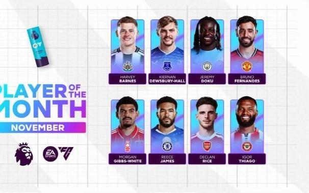 英超11月最佳球员候选:多库、B费、里斯詹姆斯、赖斯等在列