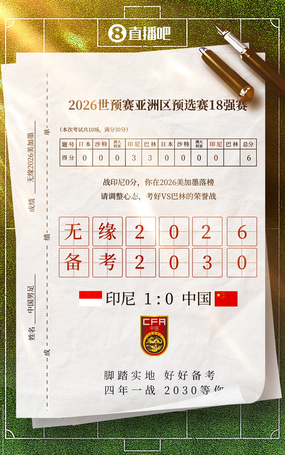 又结束了！国足不敌印尼&9轮仅6分，提前1轮无缘2026美加墨世界杯