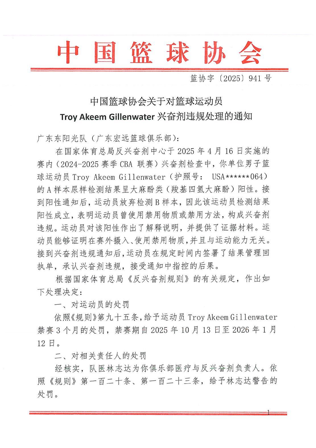 尿检呈大麻酚类阳性，CBA一美籍外援被禁赛3个月