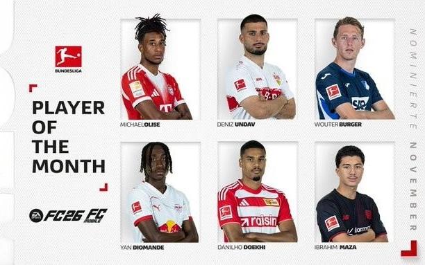 德甲11月最佳球员候选:6球2助攻的昂达夫领衔,奥利塞入选