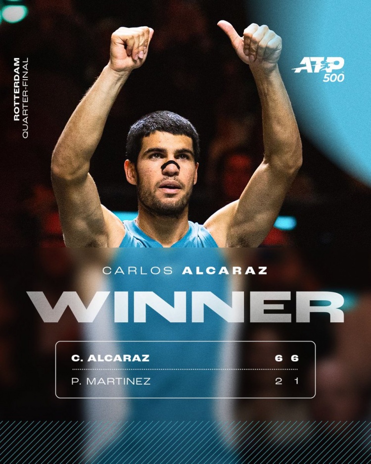 ATP500鹿特丹站：阿尔卡拉斯20轻取佩德罗马丁内斯，晋级半决赛