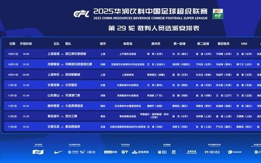 中超29轮裁判:傅明执法海港vs浙江,沙特籍裁判担任海牛vs三镇主裁