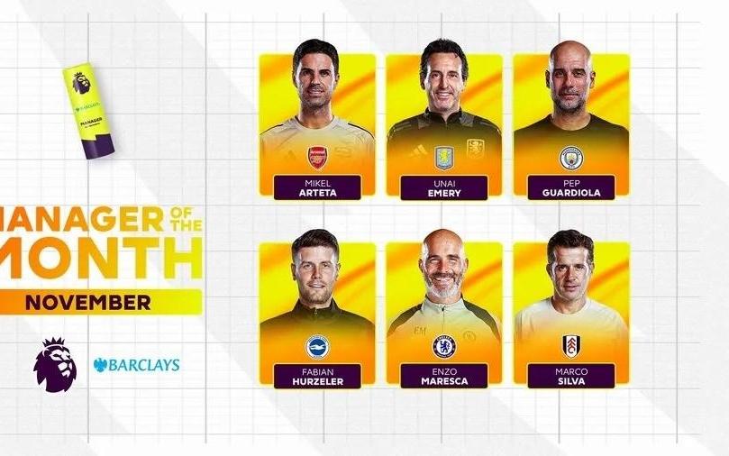 英超11月最佳主帅候选:马雷斯卡、瓜帅、塔帅、埃梅里在列