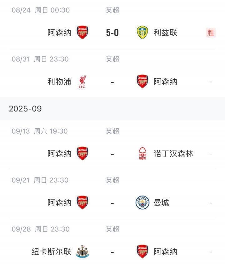 枪手迎大考！阿森纳未来四场英超将对阵利物浦、森林、曼城和纽卡