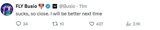 FLY辅助Busio：可惜就差那么一点点，我下次一定会做更好