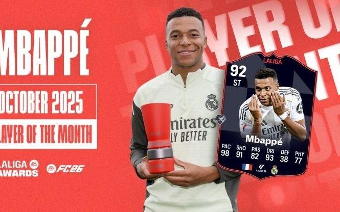 官方:姆巴佩当选西甲10月最佳球员3场全胜且均有进球