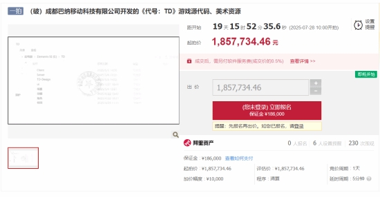 40%进度游戏代码185万起拍：原公司前期投入超千万