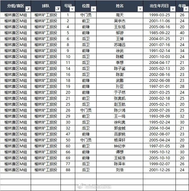 【2025中冠联赛大区赛各队报名名单】榆林赛区M组、N组