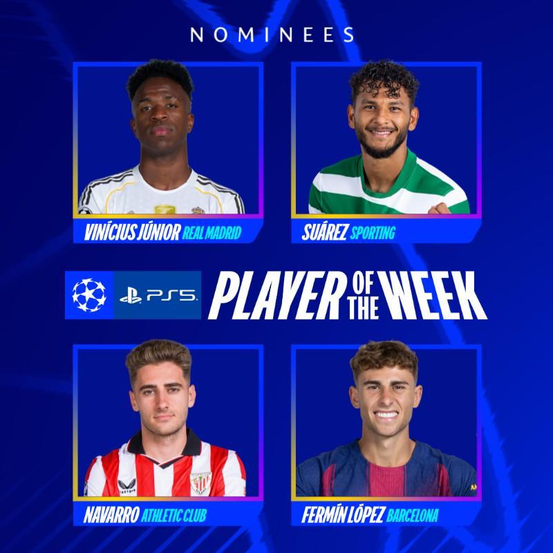 本轮欧冠最佳球员候选：维尼修斯、苏亚雷斯、纳瓦罗、费尔明