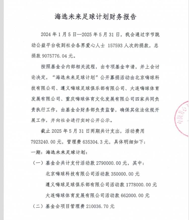 嗨球海选未来财务报告：捐款总额907.5万，教练团队支出约345万