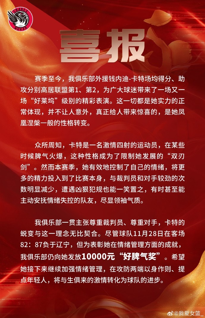 武汉女篮再度花式发奖暴脾气卡特荣获10000元的好脾气奖