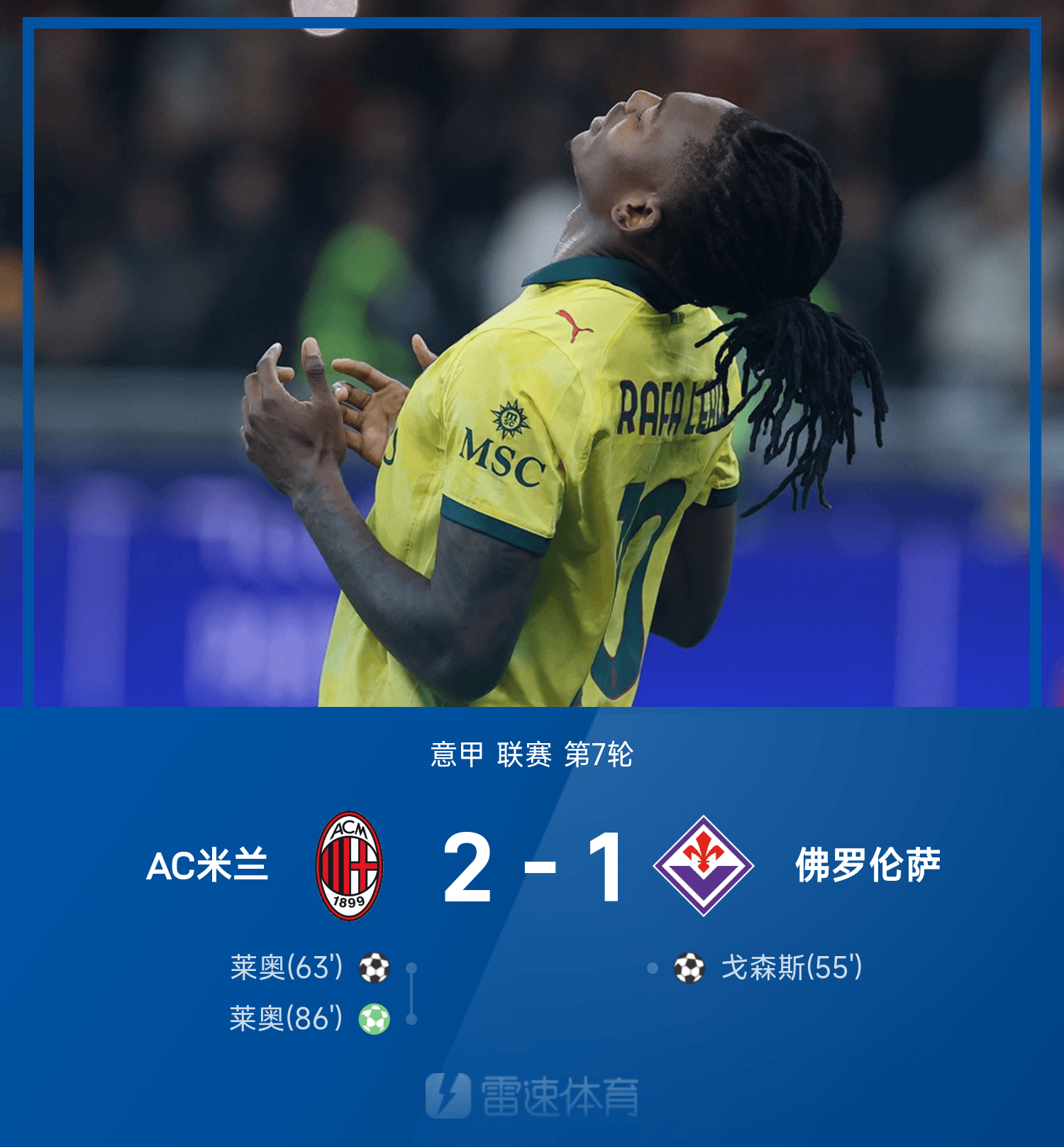 意甲战报:莱奥双响,米兰21逆转佛罗伦萨,登顶意甲榜首