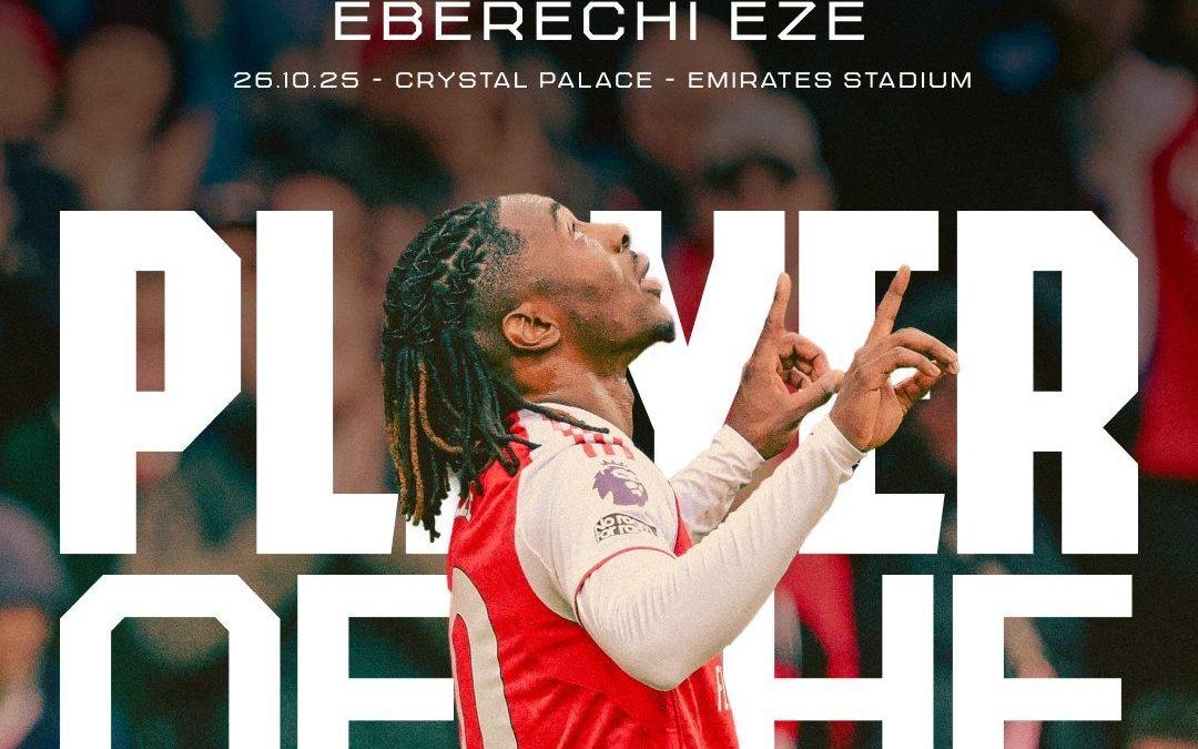 战旧主破门！阿森纳官方：埃泽当选对阵水晶宫最佳球员