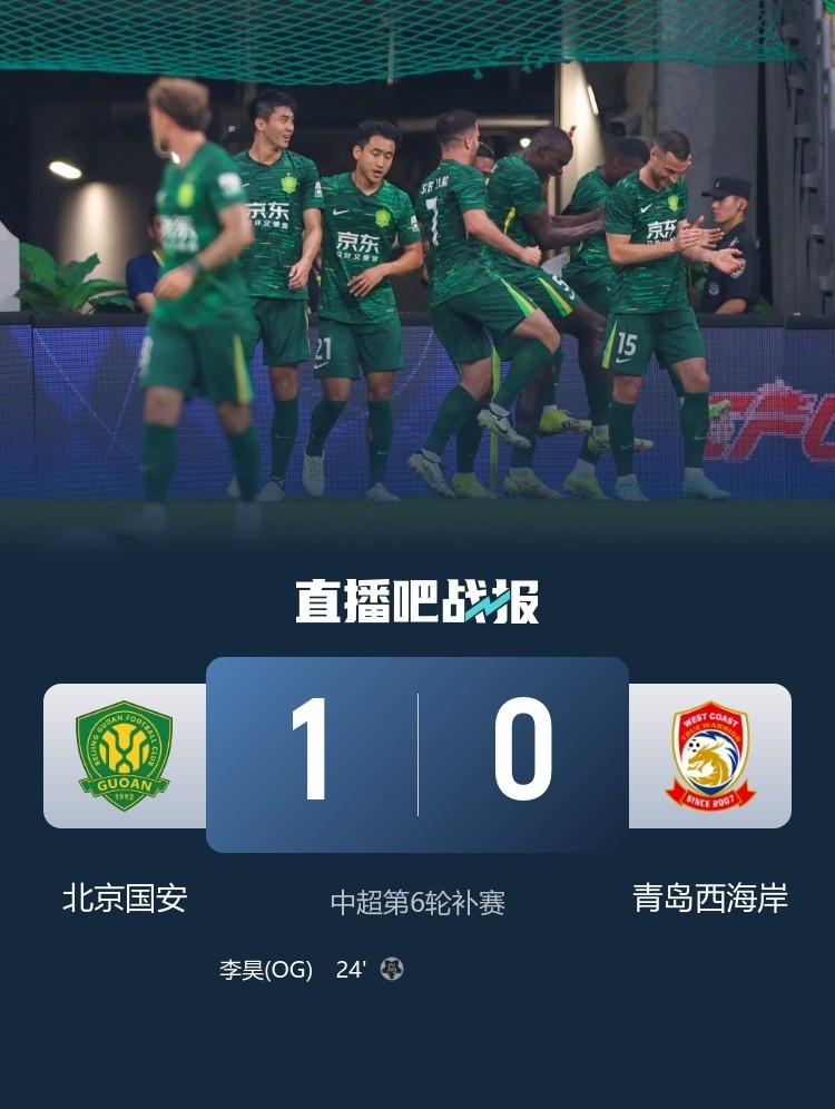 北青：自2019赛季以来，国安时隔6个赛季首次登顶中超积分榜