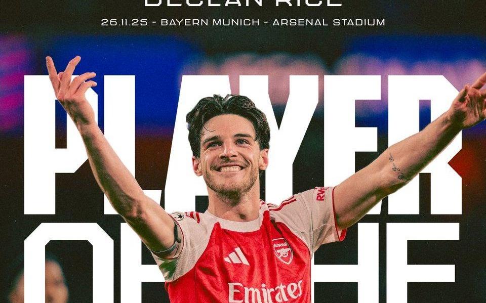 覆盖全场，赖斯当选与拜仁一役阿森纳