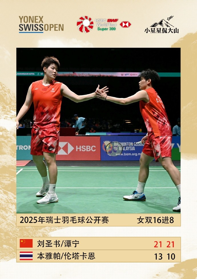 瑞士羽毛球公开赛：刘圣书谭宁20本雅帕努特卡恩，晋级女双8强