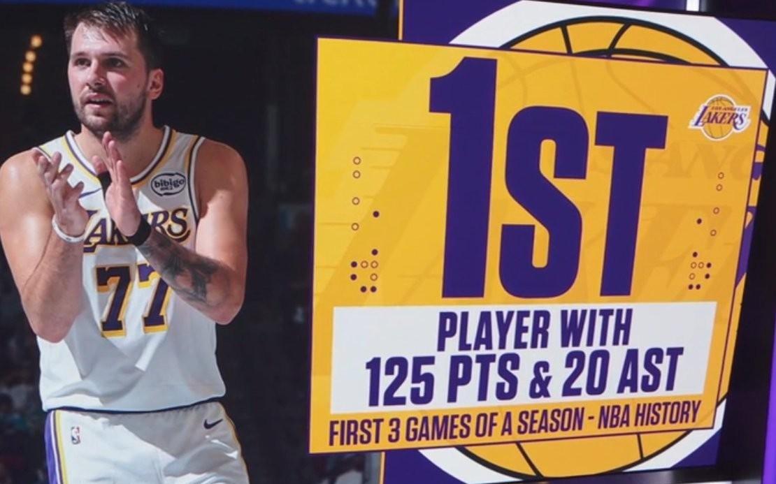 东契奇赛季前三场合计125分20助攻，NBA历史首人