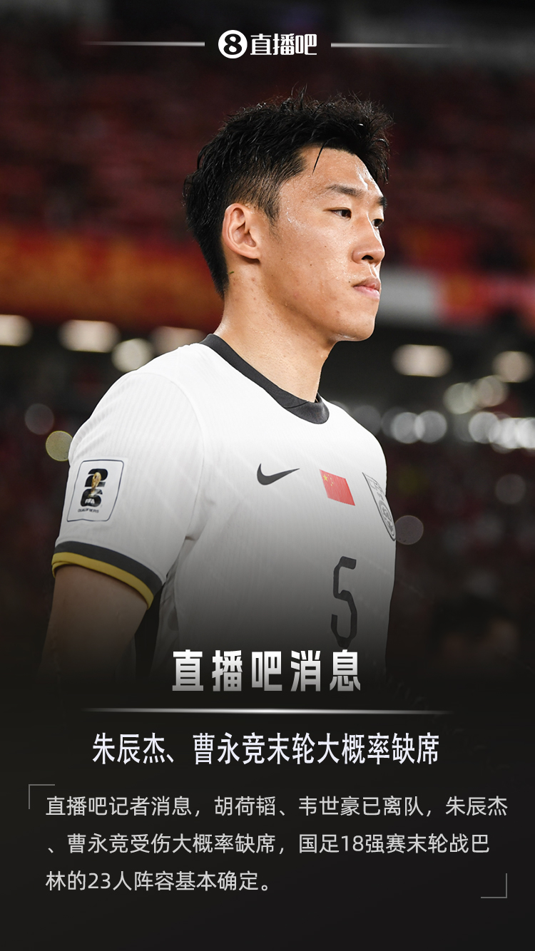 直播吧：朱辰杰、曹永竞大概率缺席，国足战巴林23人阵容基本确定