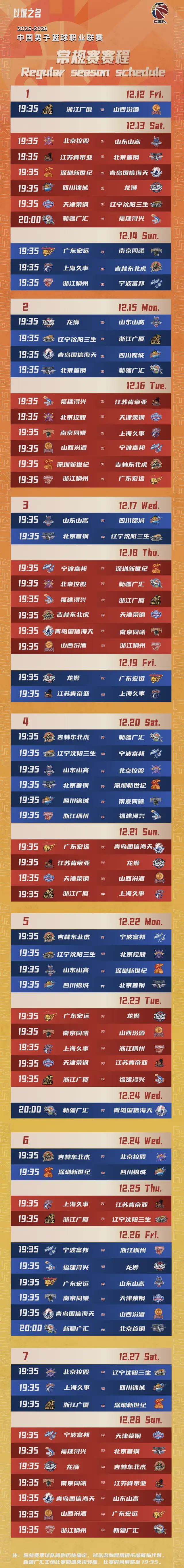新赛季CBA常规赛赛程出炉，请一键收藏！