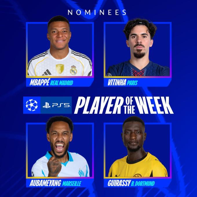 欧冠本轮最佳球员候选：姆巴佩、维蒂尼亚、吉拉西、奥巴梅扬