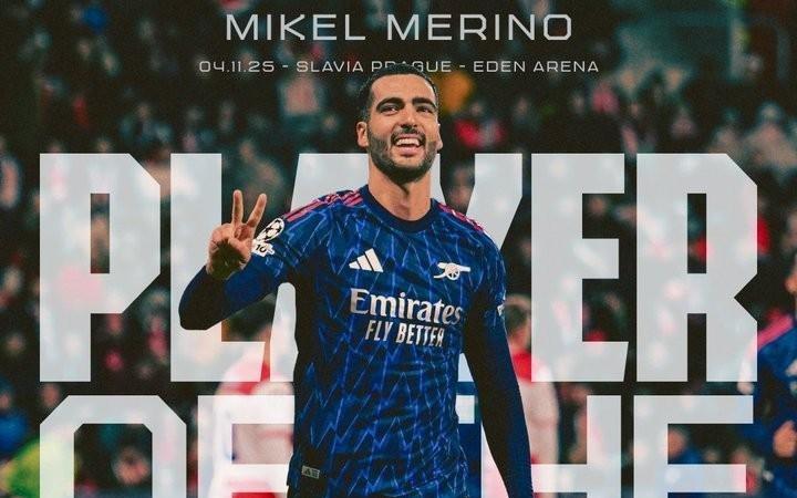 梅开二度，梅里诺当选与布拉格斯拉维亚一役枪手队内最佳球员