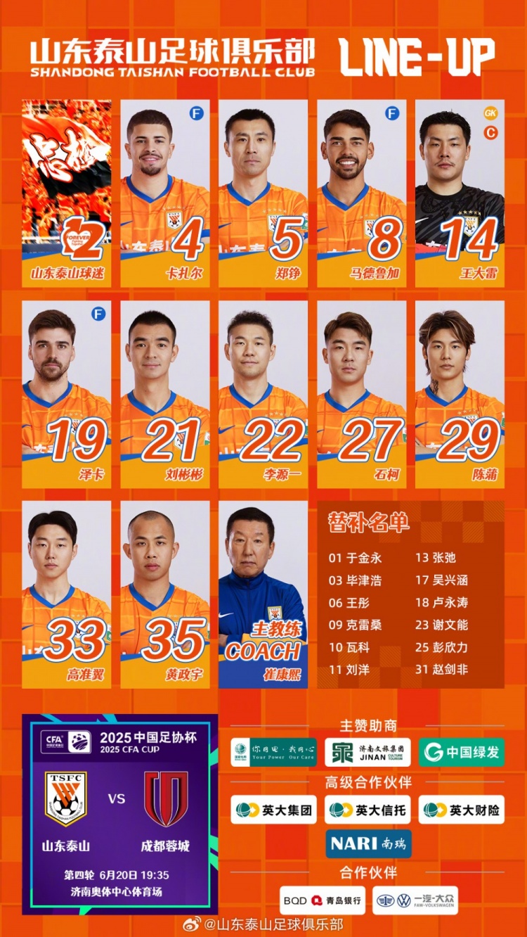 山东泰山今日阵容，加油