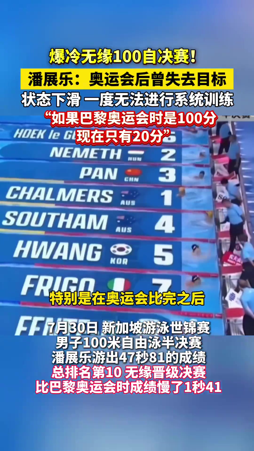 潘展乐：如果说巴黎奥运会100分现在只有20分希望更少人关注我