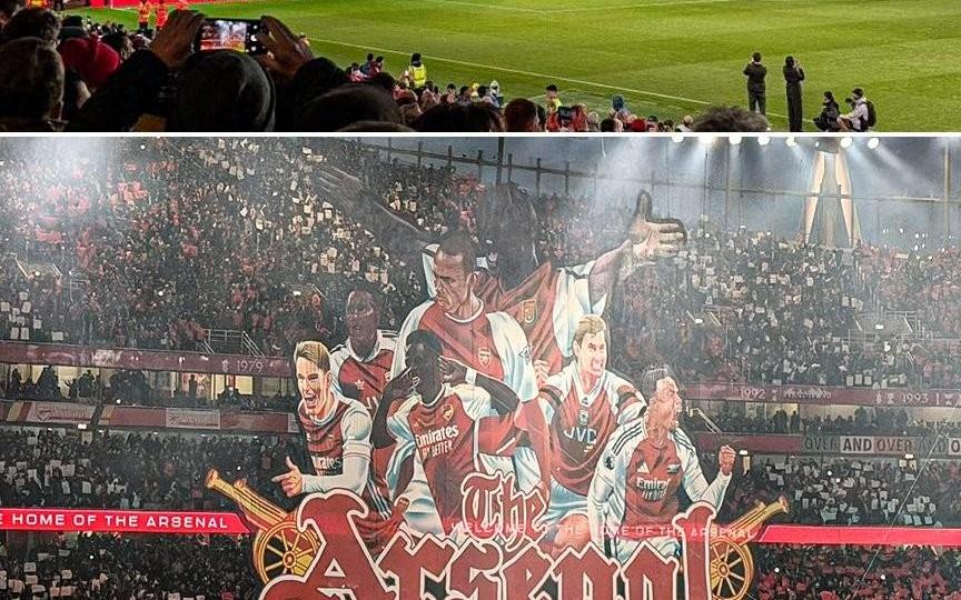 多位枪手传奇在列，阿森纳对热刺的北伦敦德比赛前打出巨幅Tifo