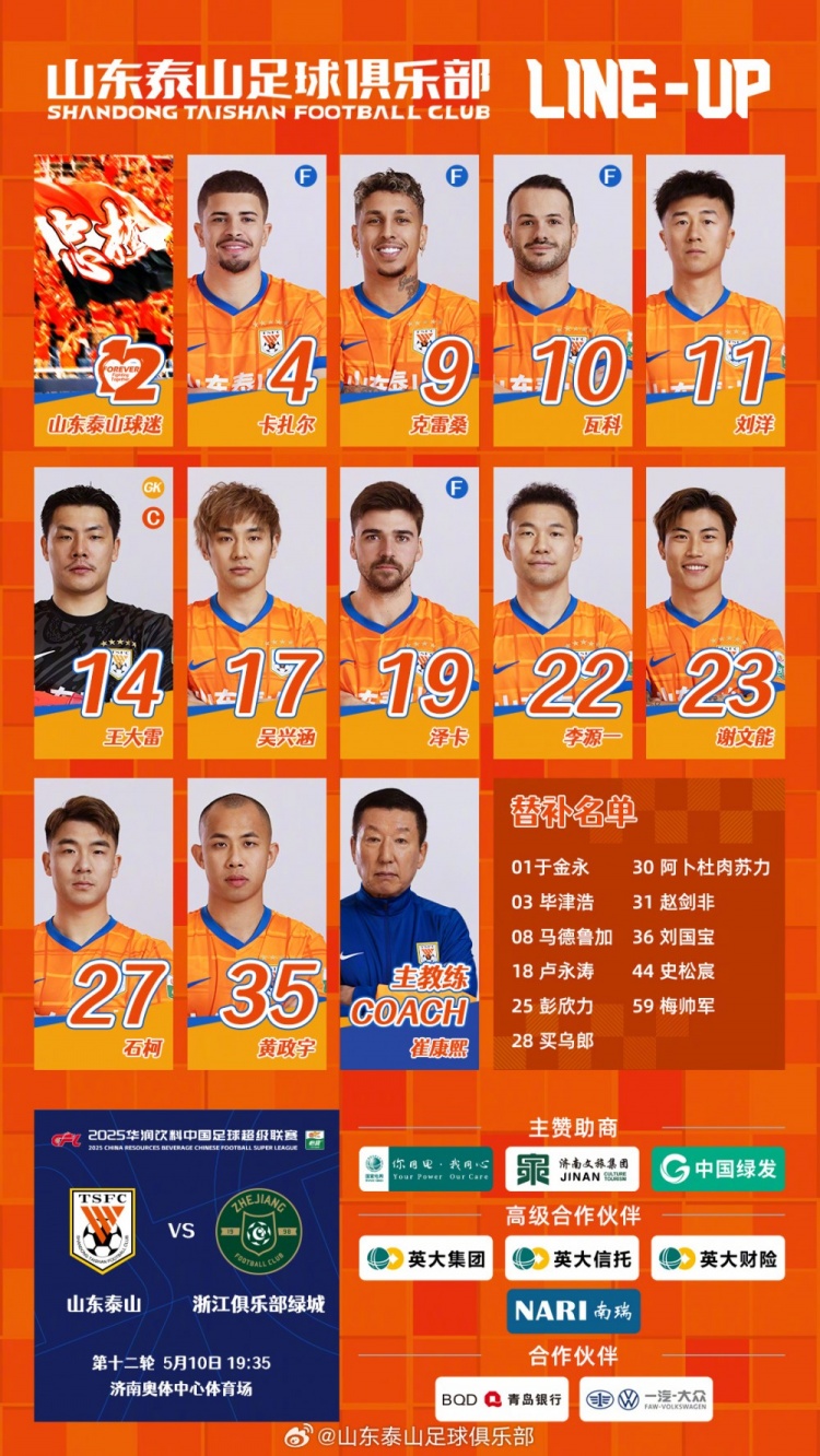 山东泰山VS浙江俱乐部绿城：今日阵容，加油